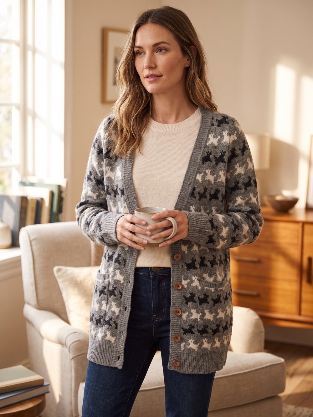 Anthropologie Gray and Black Patterned Cardigan Sweater Large 🐕